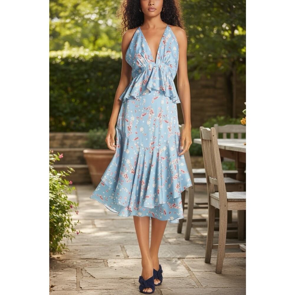 IORANE Ruffle Halter‎ Dress Cherry Tree Print Size Small Coquette Cottagecore